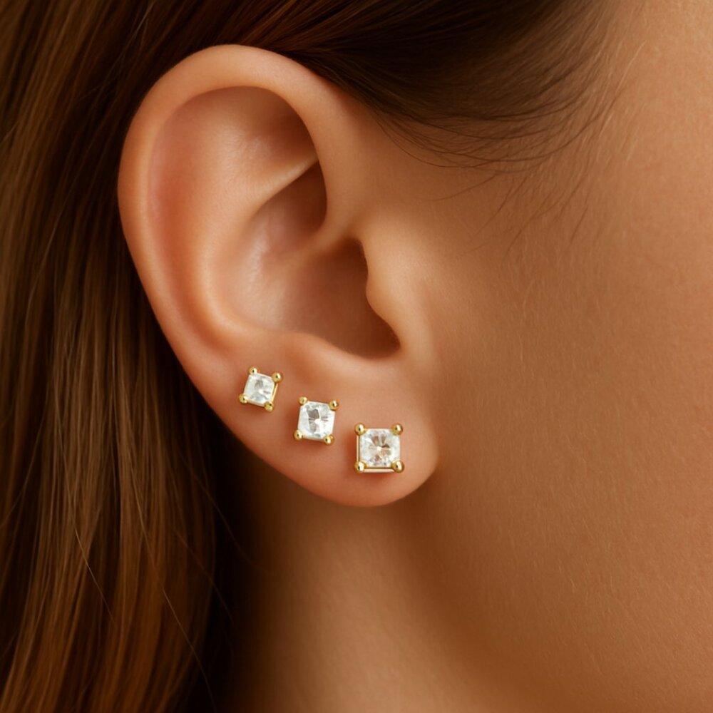 Diamonique 3-Pair Emerald-Cut CZ Stud Earrings Sterling Silver Earrings New